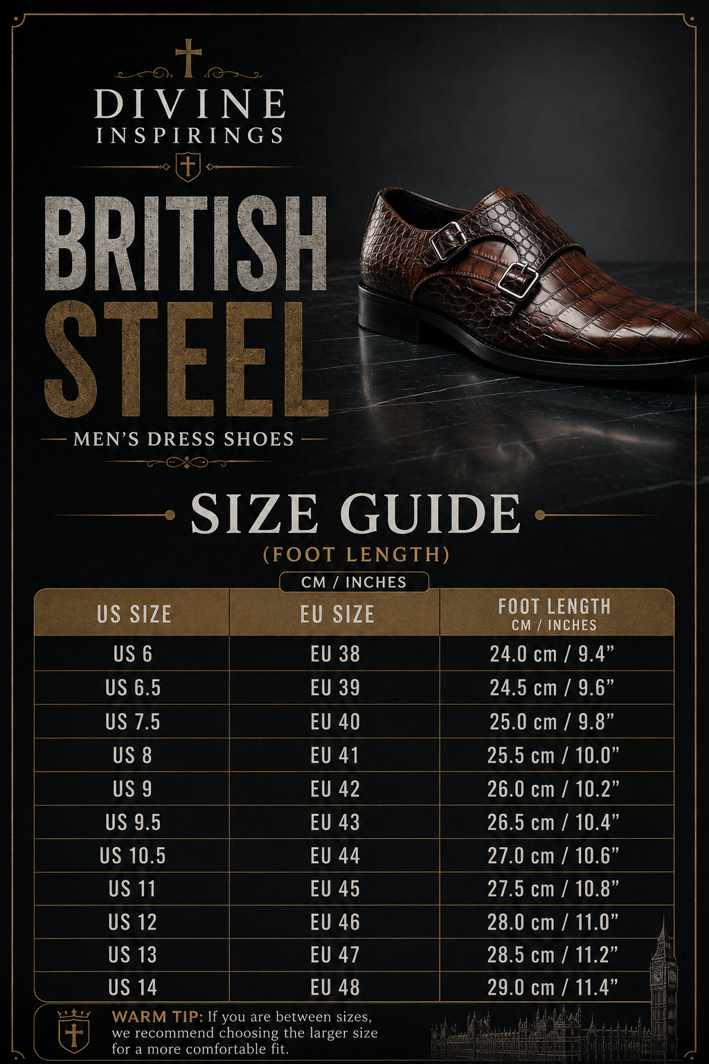 Size guide for men's dress shoes with a brown shoe on a dark background, featuring 'Divine Inspirings' branding.