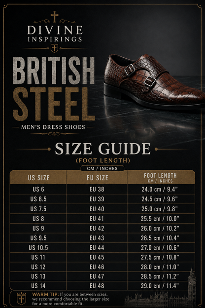 Size guide for men's dress shoes with a brown shoe on a dark background, featuring 'Divine Inspirings' branding.