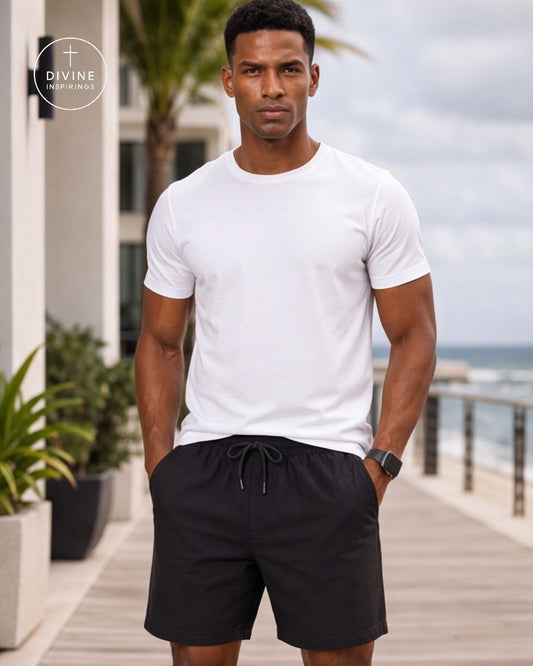 A man wearing a white crewneck t-shirt and black drawstring shorts, standing on a wooden boardwalk with a beach and ocean background. A circular logo for 'DIVINE INSPIRINGS' is visible in the top left corner.