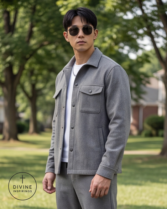 A man wearing a light gray button-up overshirt with chest flap pockets, matching gray pants, a white t-shirt, and sunglasses, standing in a park with trees and grass in the background. A 'DIVINE INSPIRATIONS' logo is visible in the bottom-left corner.
