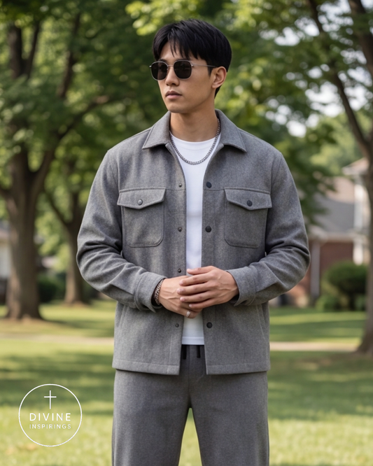 A man wearing a light gray button-up overshirt and matching gray trousers, styled with a white t-shirt, sunglasses, and a silver chain necklace, standing in a park with green trees in the background.
