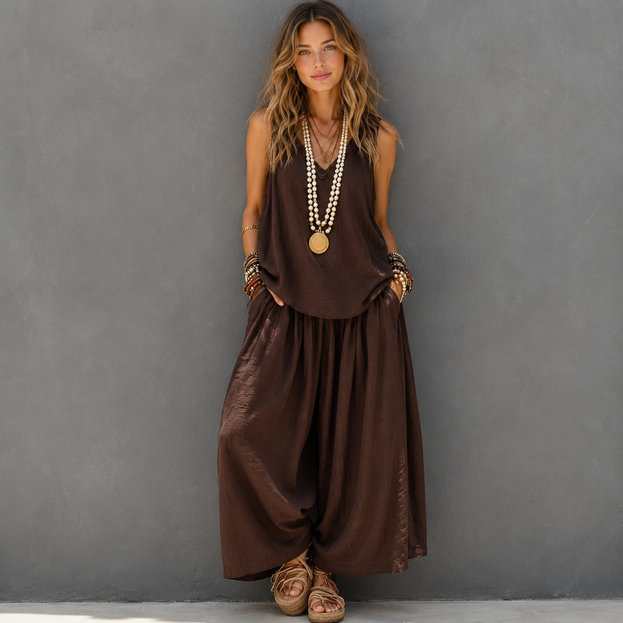 Woman wearing a brown sleeveless dress against a gray wall
