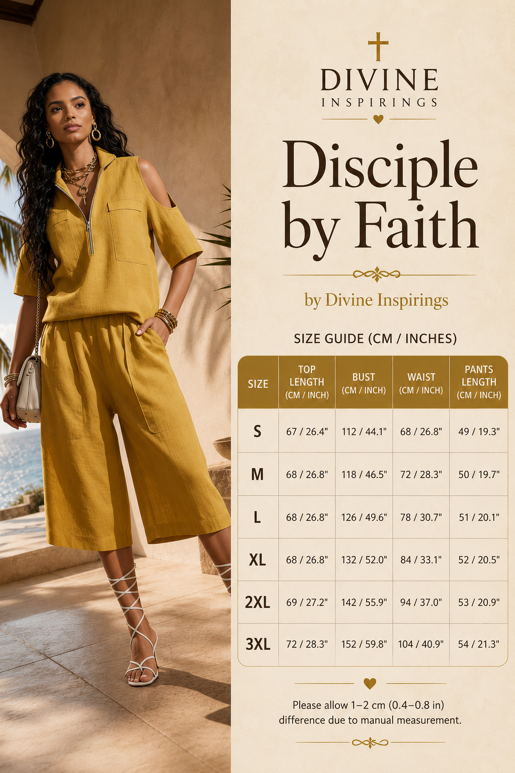 A size guide infographic for the Divine Inspirings 'Disciple by Faith' mustard yellow cold-shoulder jumpsuit. The left side features a model wearing the jumpsuit in a warm-toned indoor setting, while the right side contains text and a size chart table from S to 3XL.