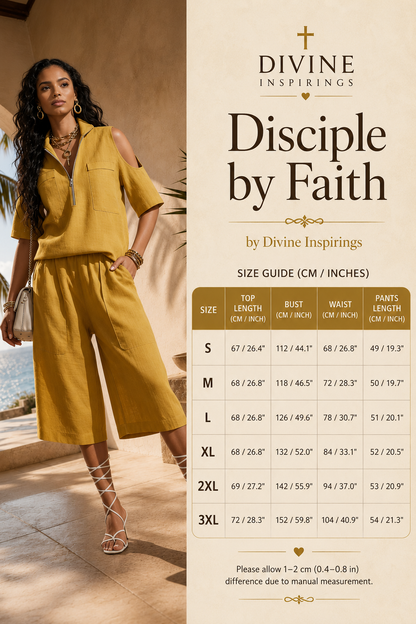 A size guide infographic for the Divine Inspirings 'Disciple by Faith' mustard yellow cold-shoulder jumpsuit. The left side features a model wearing the jumpsuit in a warm-toned indoor setting, while the right side contains text and a size chart table from S to 3XL.