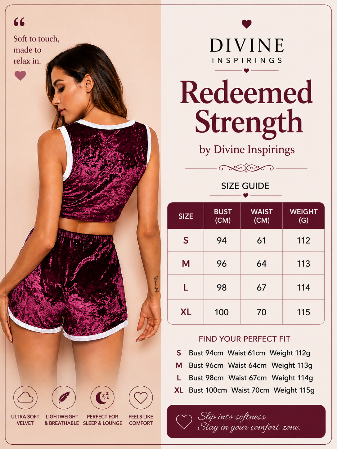 A promotional size guide and fit chart for the Divine Inspirations Redeemed Strength velvet two-piece set. The left side features a model wearing the dark purple velvet crop top and shorts with white trim, while the right side contains the brand name, product title, a size guide table from S to XL, and fit measurements.