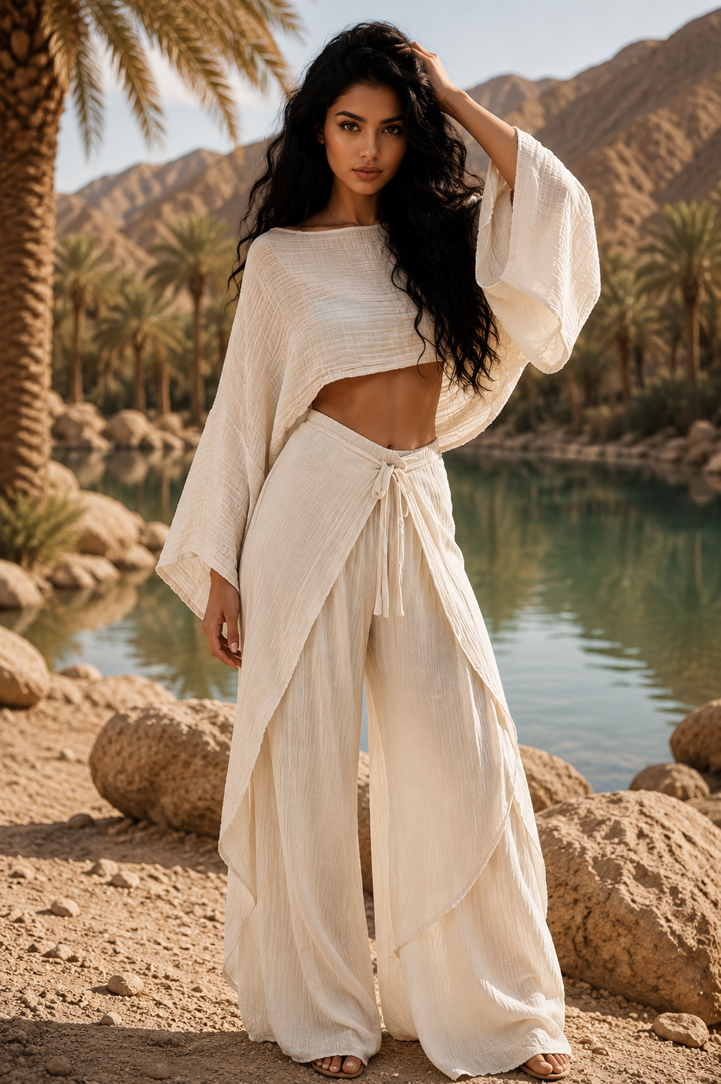 Woman in a flowing white outfit standing by a desert oasis with palm trees and mountains in the background.