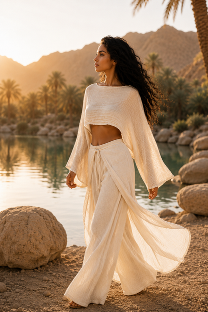 Woman in a flowing white outfit standing by a body of water with mountains in the background