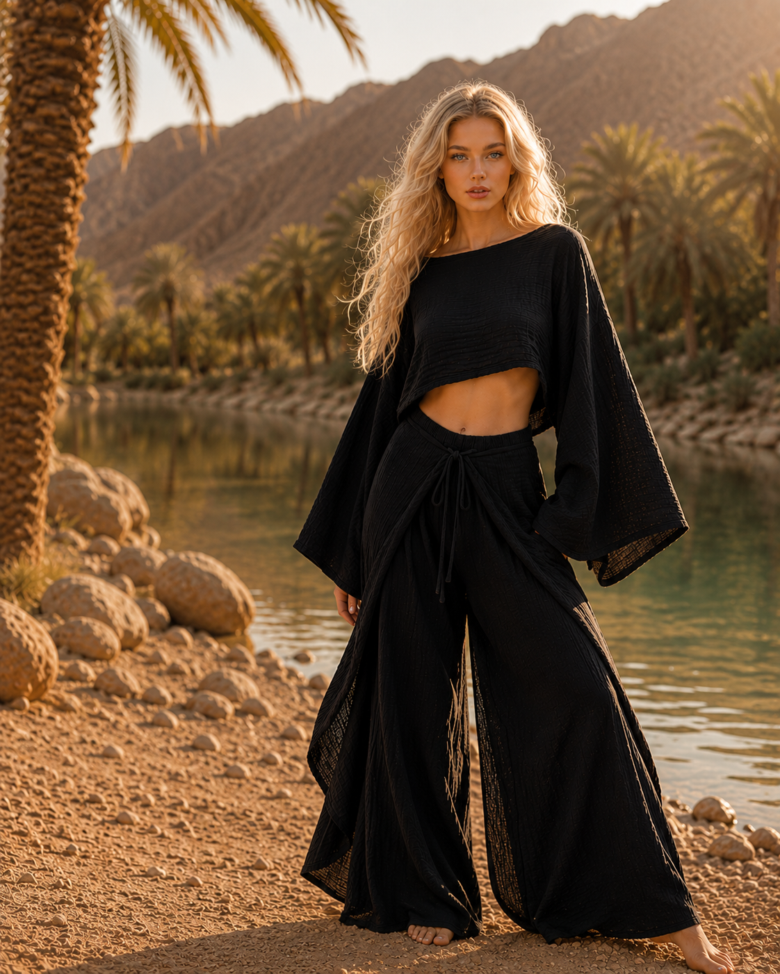 Woman in a black outfit standing by a body of water with palm trees and mountains in the background