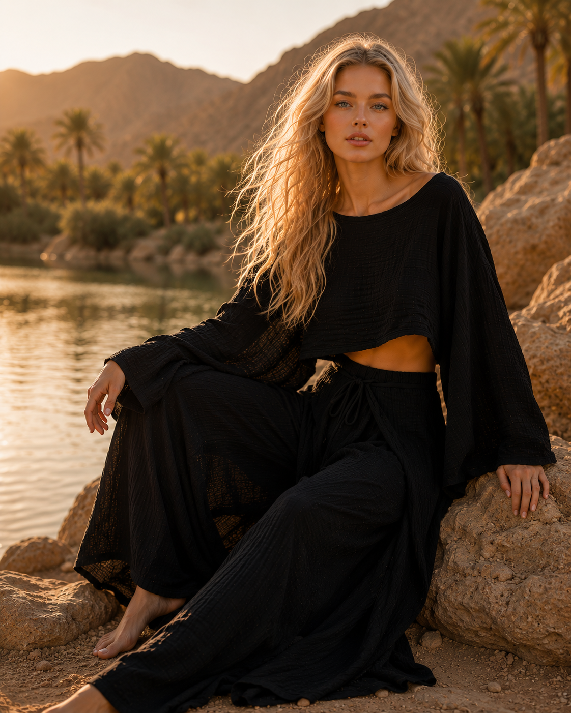 Woman in a black outfit sitting by a body of water with mountains and palm trees in the background.