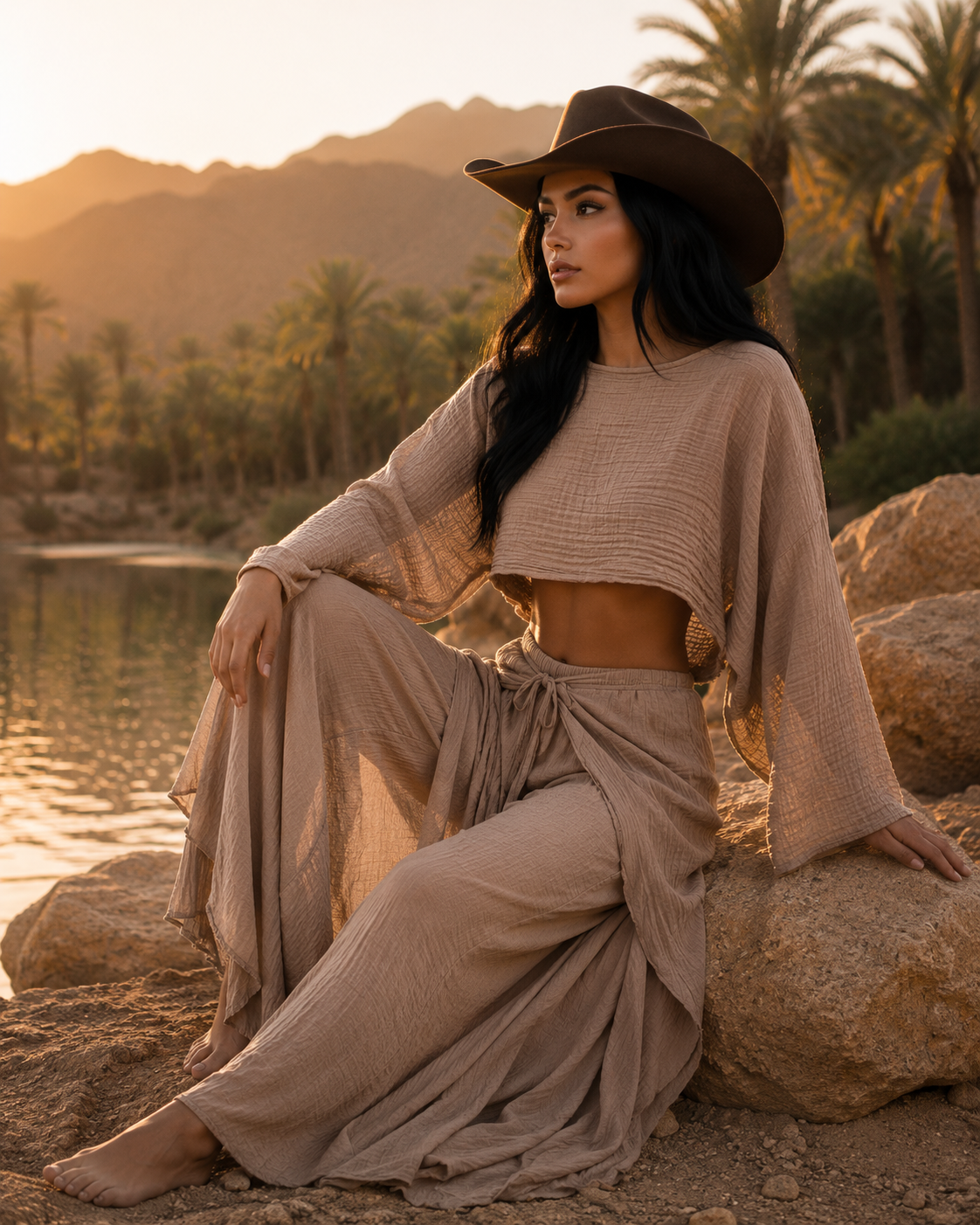 Woman in a flowing beige outfit and hat sitting by a lake with mountains and palm trees in the background.