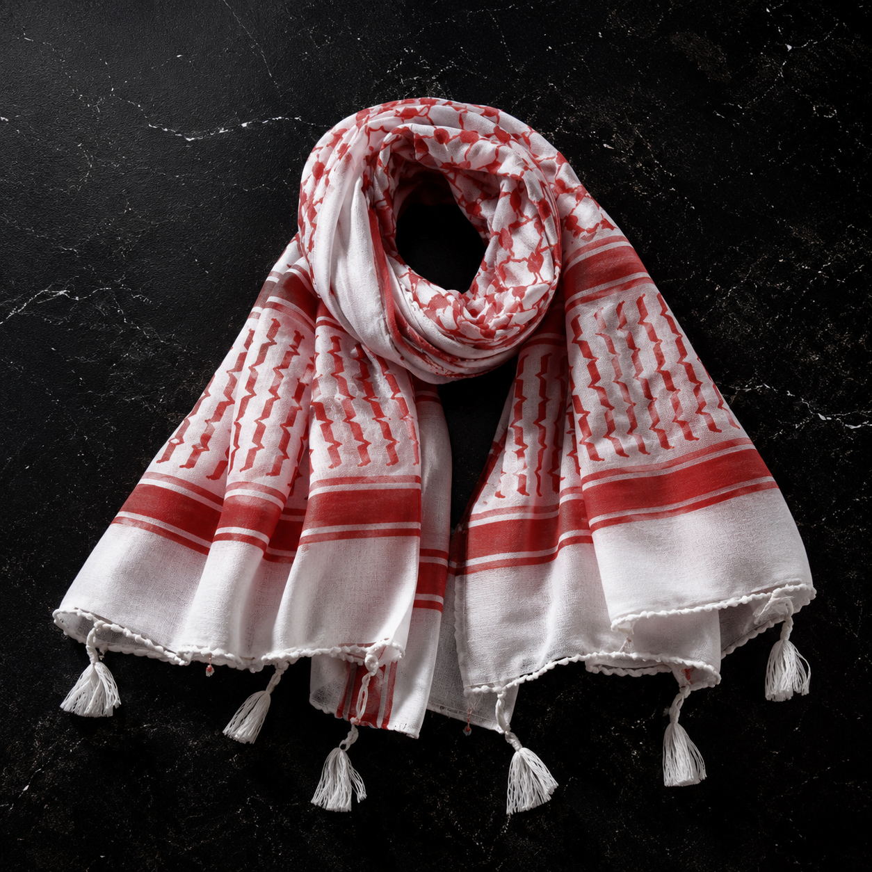Red and white patterned scarf with tassels on a black background