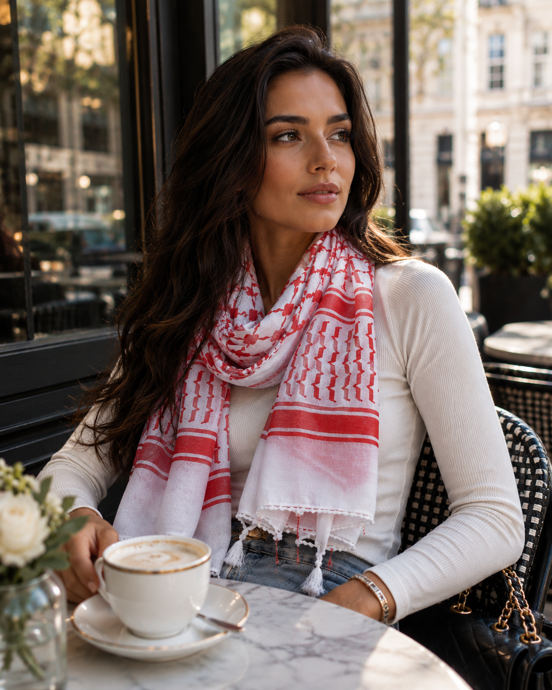 Woman sitting at a cafe with a red and white patterned scarf, holding a cup of coffee.