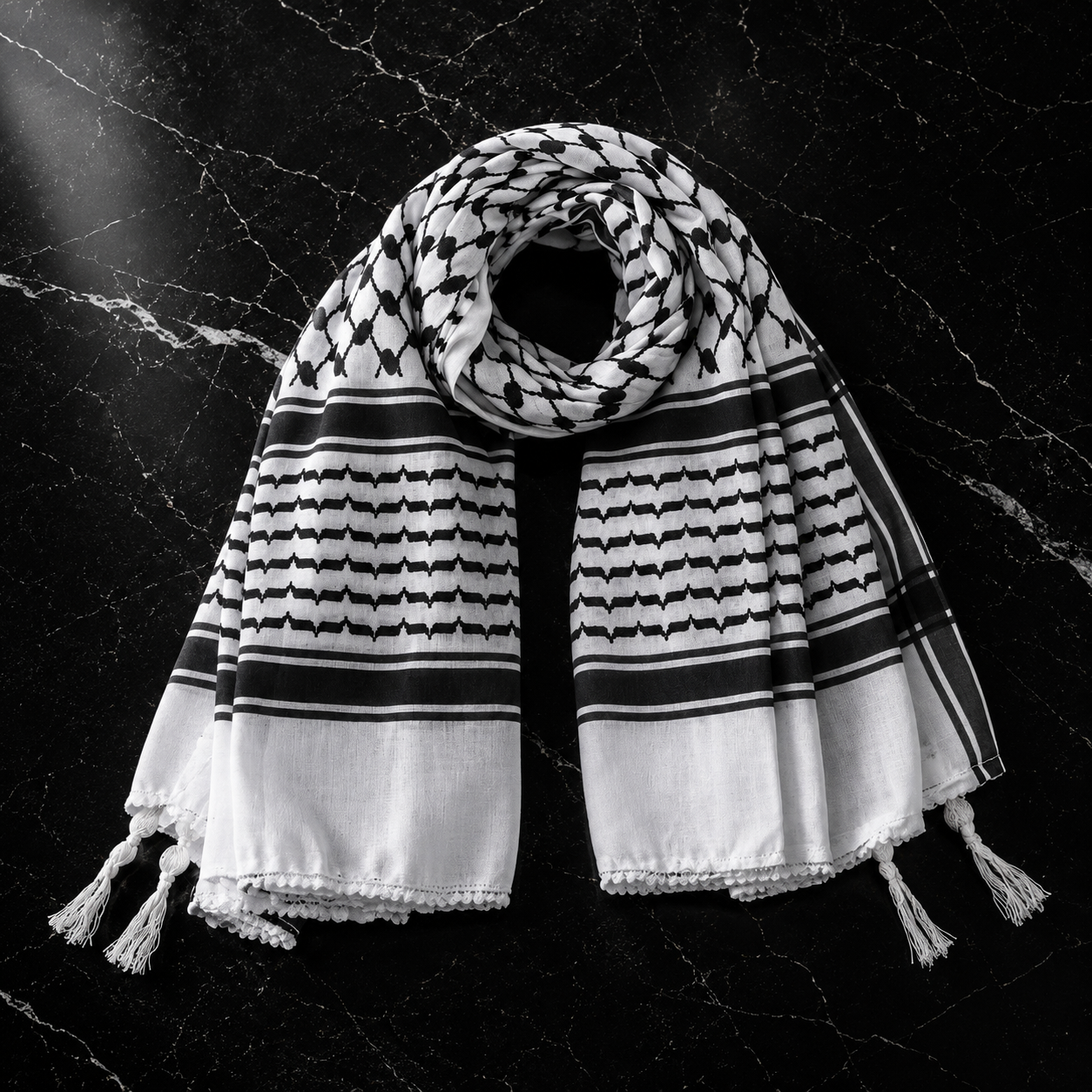 Black and white patterned scarf with tassels on a dark textured background