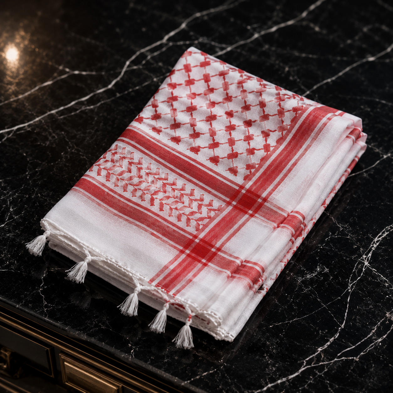 Folded red and white checkered towel with tassels on a dark marble surface