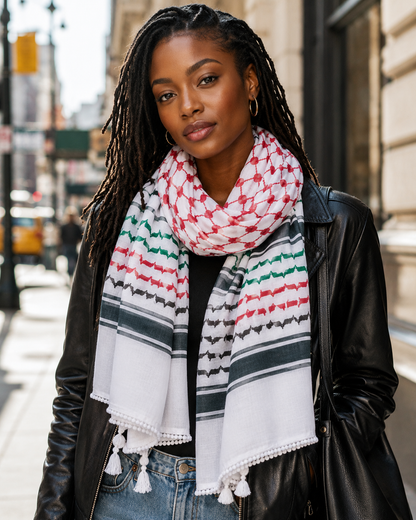 Woman wearing a colorful scarf with a city street background