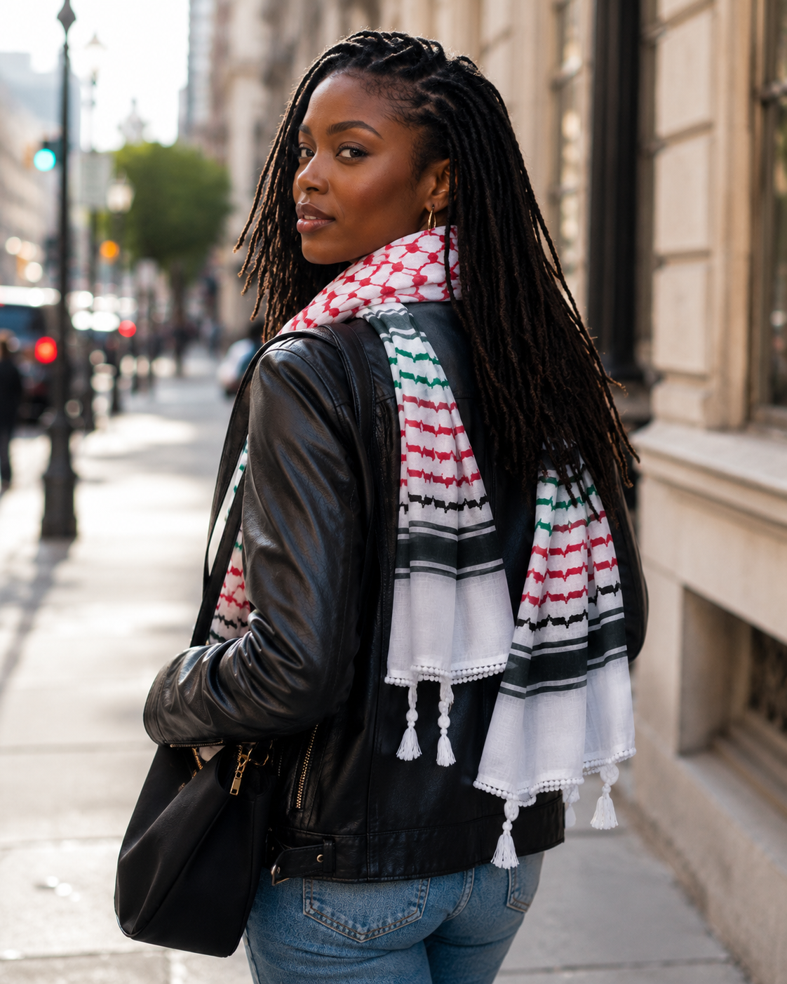 Woman wearing a black leather jacket and a colorful scarf on a city street.
