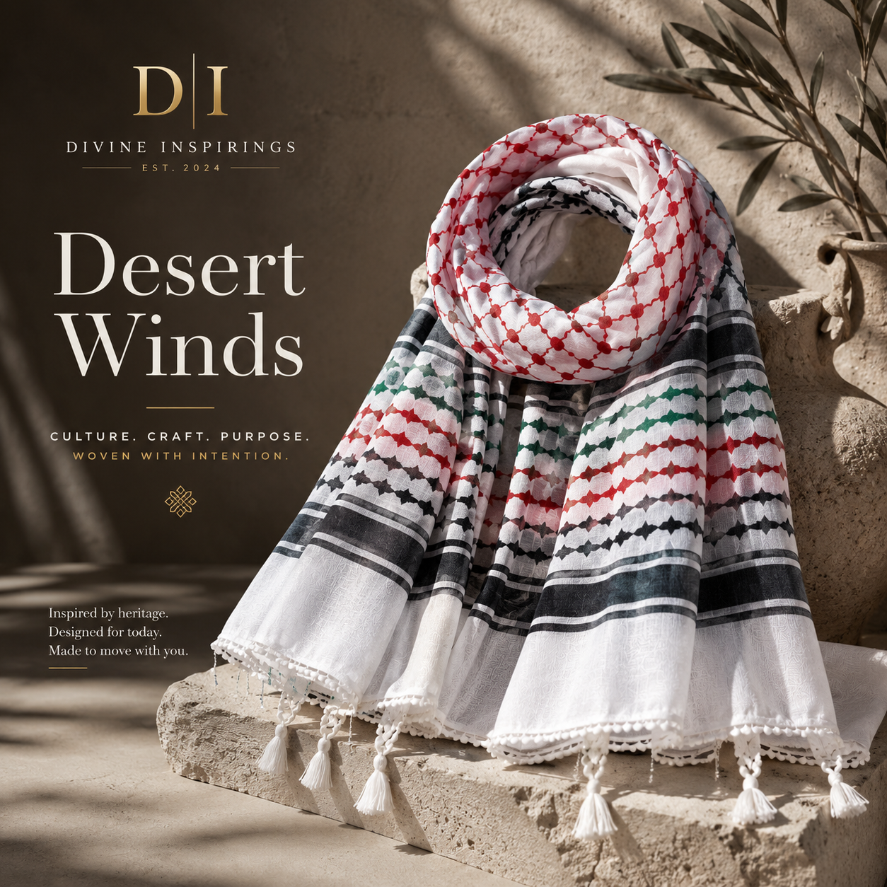 Desert Winds scarf with tassels on a stone surface, featuring the Divine Inspirings brand.