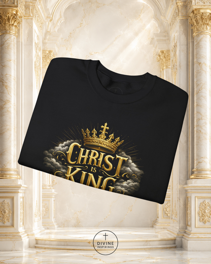 Black sweatshirt with 'Christ is King' design on a decorative background