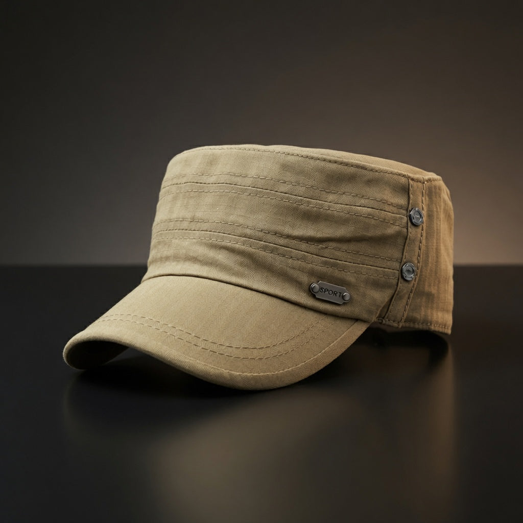 Beige cap on a reflective surface with a dark background