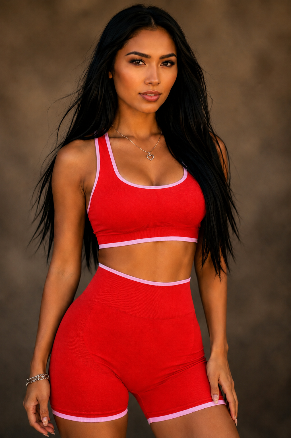 Woman wearing a red sports bra and shorts set against a brown background