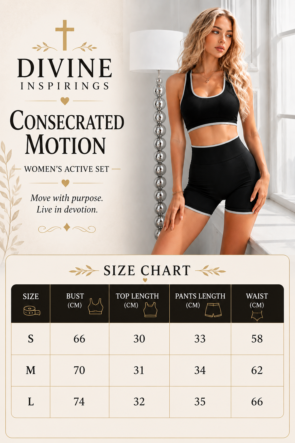 Woman wearing a black athletic outfit with a size chart and branding text on a white background