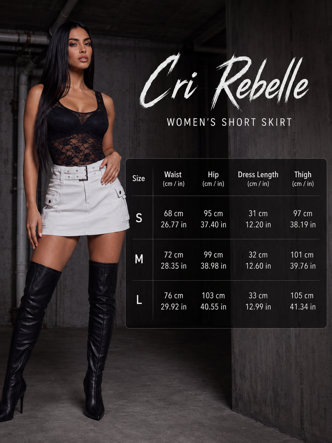 A model wearing a black lace-trimmed short skirt and white high-waisted shorts stands beside a size chart for the Cri Rebelle women's short skirt, with measurements listed for sizes S, M, and L.