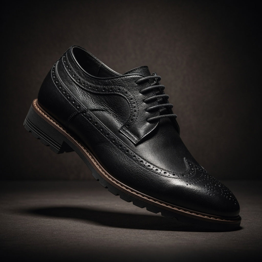 Black leather dress shoe on a dark background