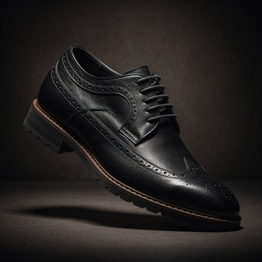 Black leather dress shoe on a dark background