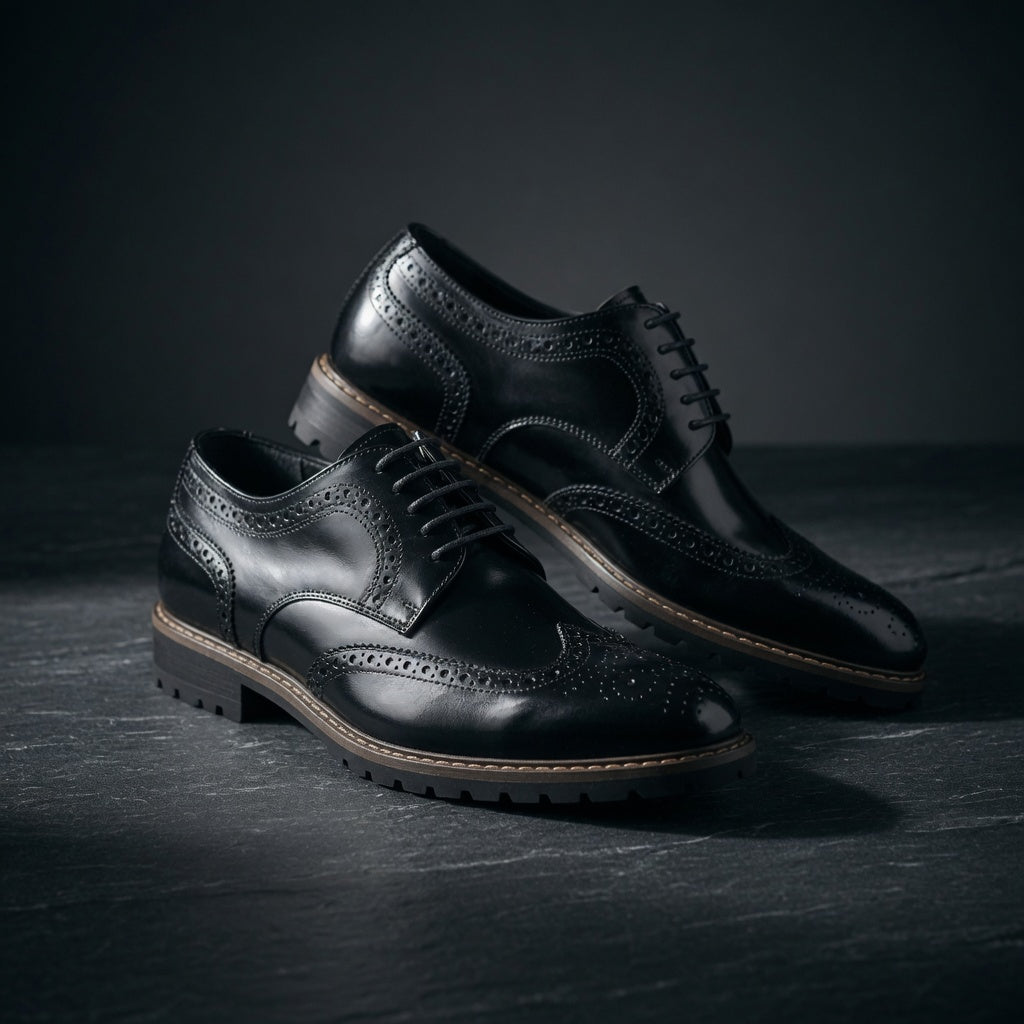 Pair of black leather dress shoes on a dark surface with a dark background