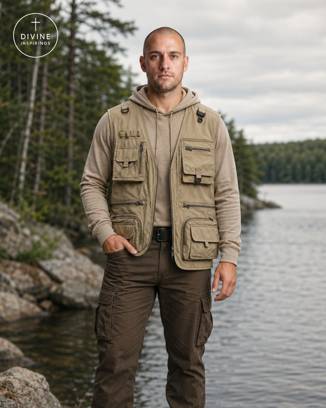 A man stands by a lake wearing a tan utility vest over a beige hoodie and dark brown cargo pants. The DIVINE INSPIRINGS logo is visible in the top-left corner.