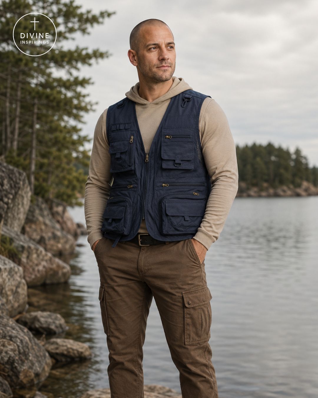 A man standing outdoors by a lake wearing a navy blue multi-pocket utility vest over a beige hoodie and brown cargo pants. A circular 'DIVINE INSPIRINGS' logo watermark is visible in the top-left corner.