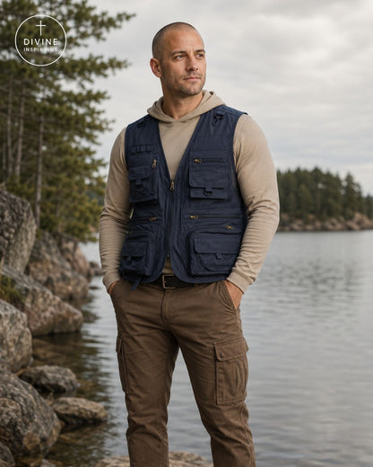 A man standing outdoors by a lake wearing a navy blue multi-pocket utility vest over a beige hoodie and brown cargo pants. A circular 'DIVINE INSPIRINGS' logo watermark is visible in the top-left corner.