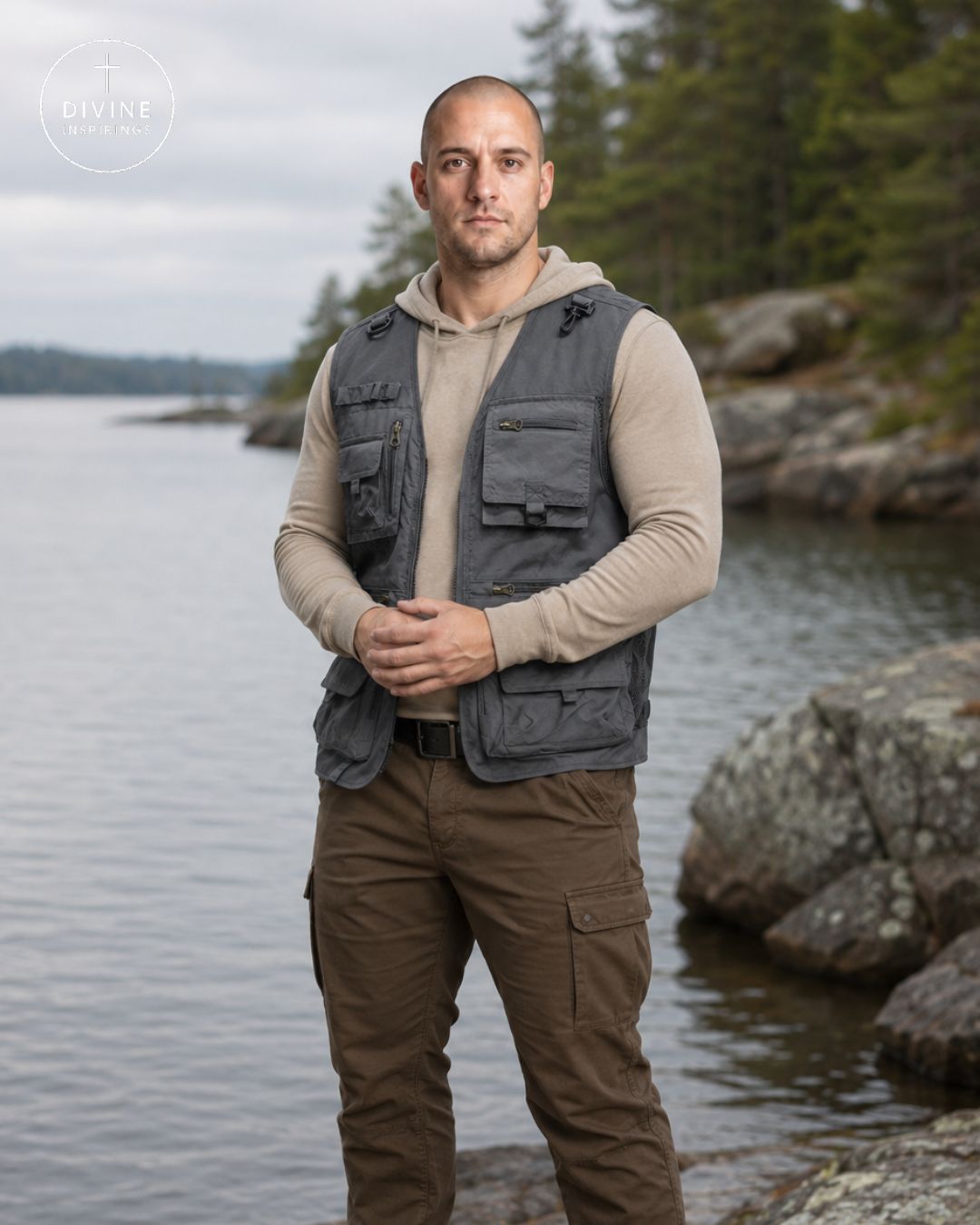 A man standing outdoors by the water wearing a gray multi-pocket utility vest over a beige hoodie and brown cargo pants. A circular 'DIVINE INSPIRINGS' watermark is visible in the upper left corner.
