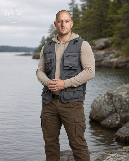 A man standing outdoors by the water wearing a gray multi-pocket utility vest over a beige hoodie and brown cargo pants. A circular 'DIVINE INSPIRINGS' watermark is visible in the upper left corner.