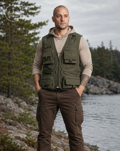 A man standing outdoors by a lake wearing an olive green utility fishing vest over a beige hoodie and brown cargo pants. The DIVINE INSPIRINGS Brand logo is visible in the top left corner.