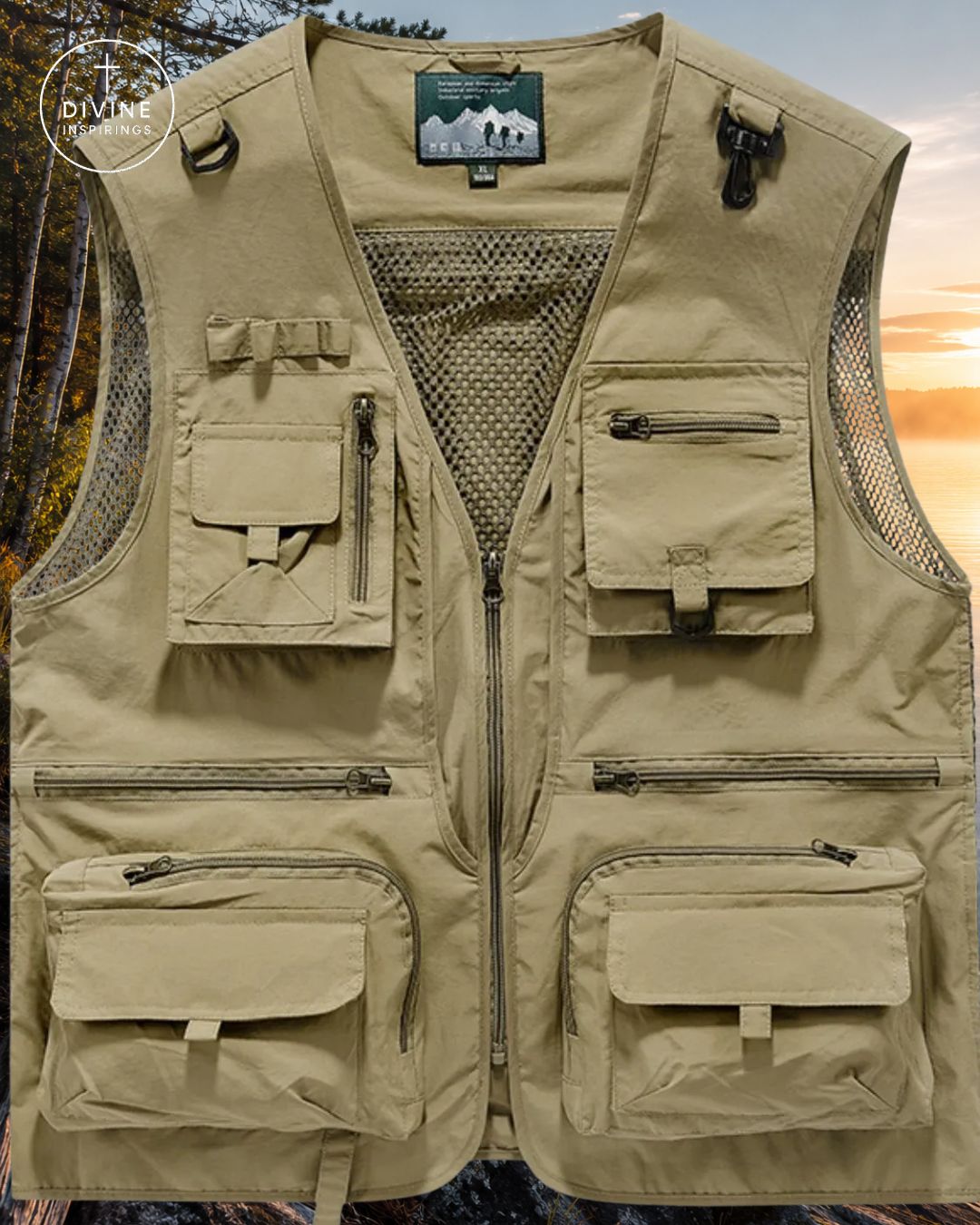 A tan utility fishing vest with multiple zippered and flap pockets, shown against a scenic forest sunset background. The brand label on the inner collar reads 'Divergent'.