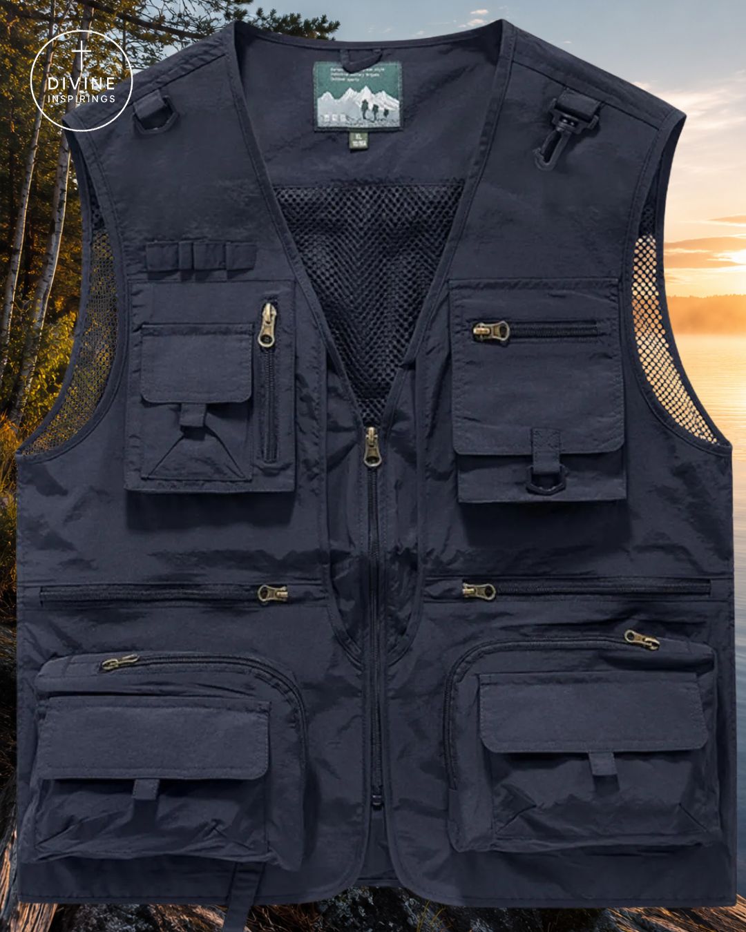 A dark navy blue multi-pocket utility vest with a front zipper, mesh lining, and gold-toned zipper pulls, shown against a blurred outdoor forest background at sunset. A circular 'DIVINE INSPIRINGS' brand logo is visible in the top-left corner.