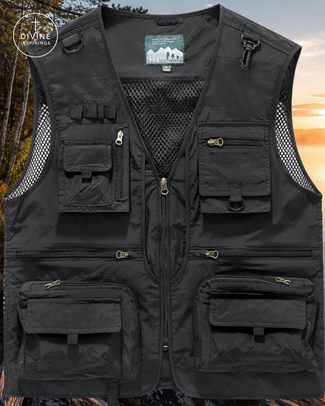 A black multi-pocket utility vest with mesh side panels and a front zipper, shown against a blurred outdoor background. A circular 'DIVINE INSPIRINGS' logo is visible in the top left corner.