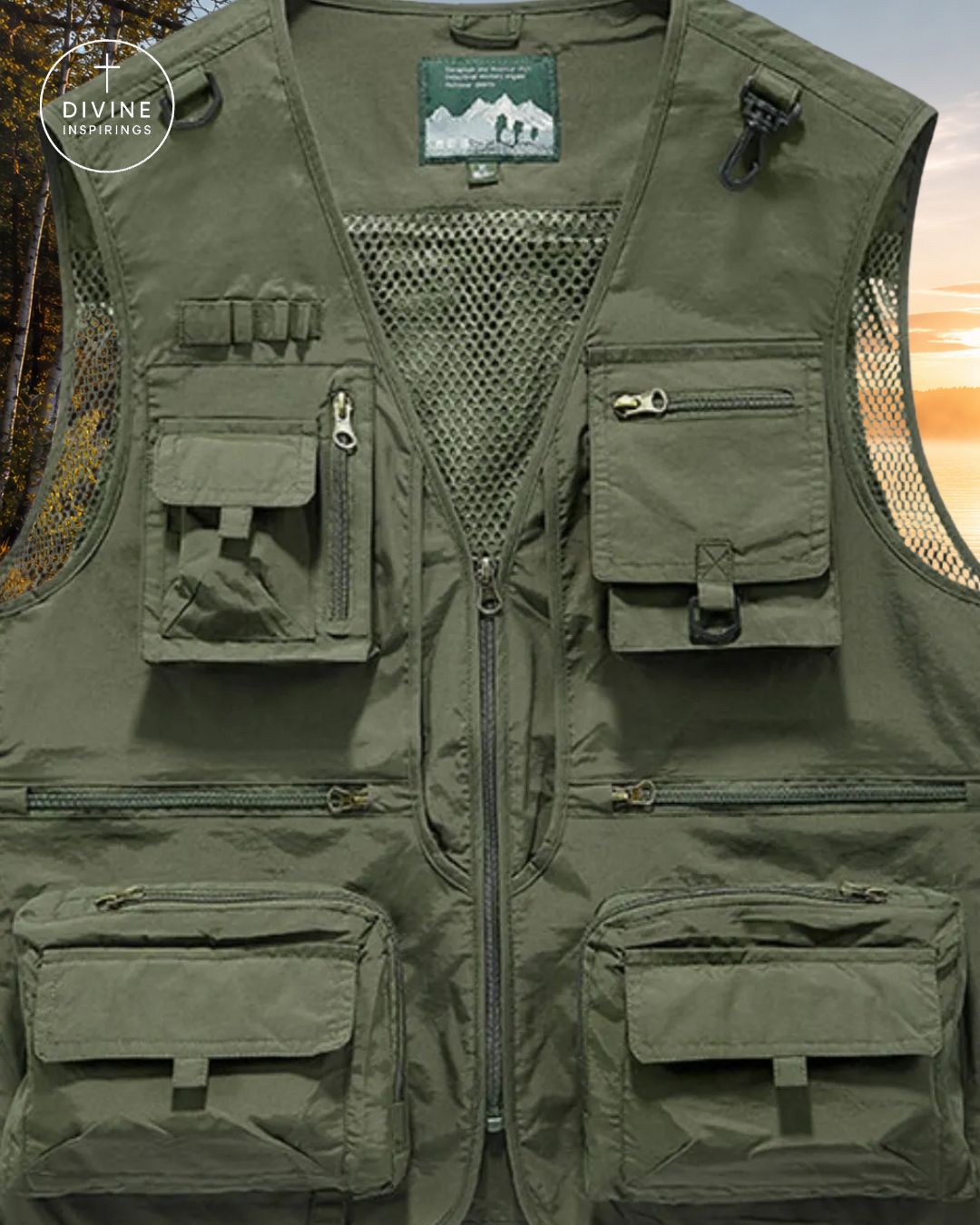 An olive green multi-pocket utility vest with a mesh back panel and front zipper, shown against a blurred outdoor background. A circular 'DIVINE INSPIRINGS' logo is visible in the top-left corner.