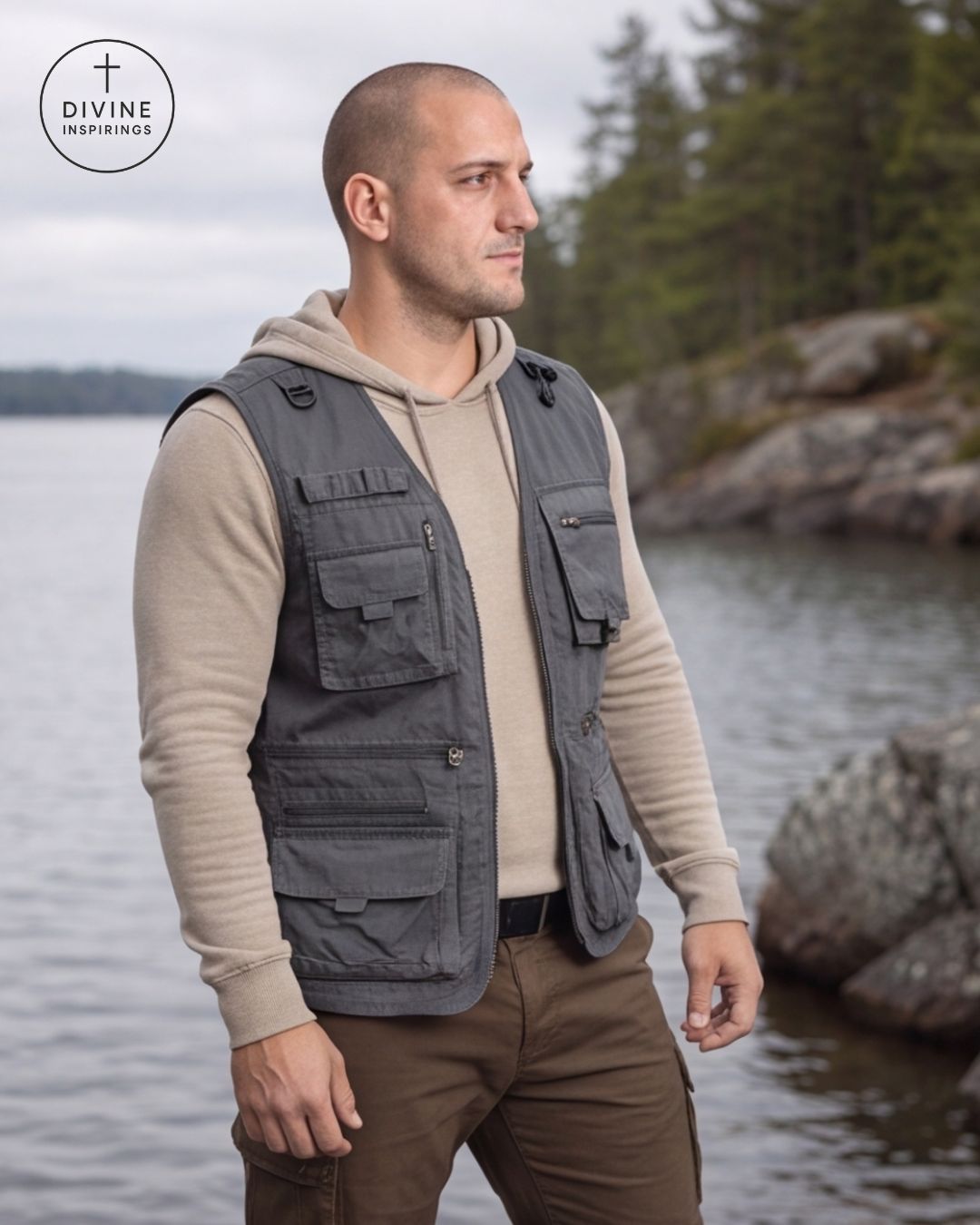 A man wearing a dark gray multi-pocket utility vest over a beige hoodie and brown pants, standing outdoors near a rocky body of water with trees in the background. A circular 'DIVINE INSPIRINGS' logo is visible in the top-left corner.