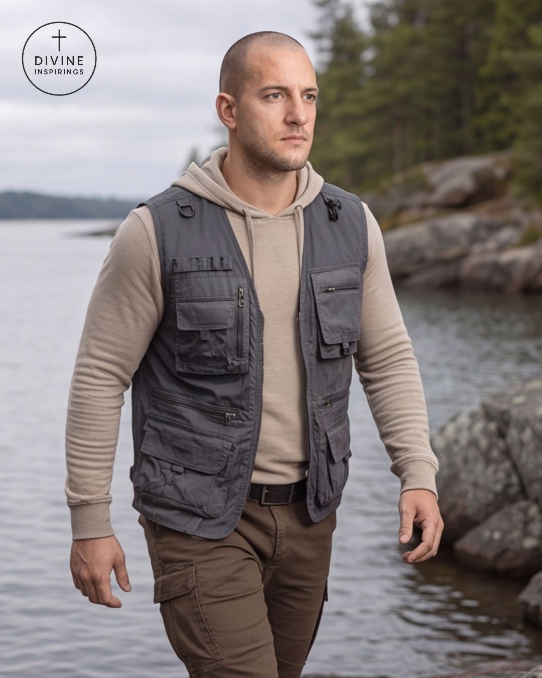 A man walking outdoors by the water wearing a dark gray multi-pocket utility vest over a beige hoodie and brown pants. A circular 'DIVINE INSPIRINGS' logo is visible in the top-left corner.