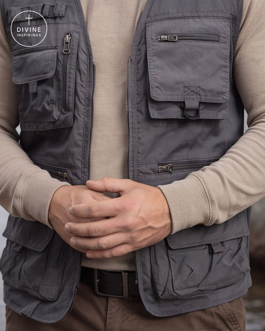 A close-up of a person wearing a dark gray utility vest over a beige long-sleeve shirt and brown pants. The vest has multiple zippered and flap pockets.