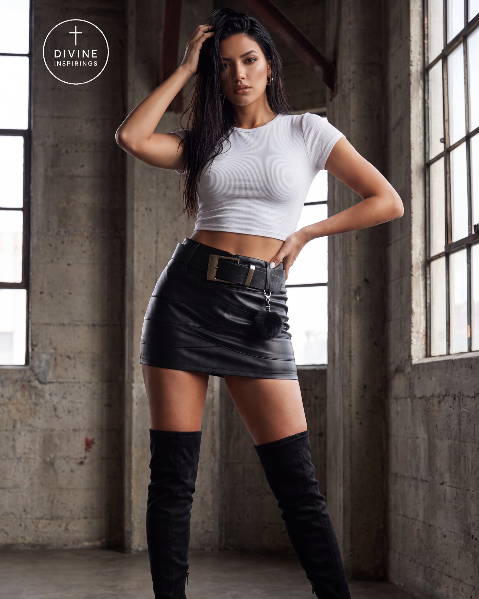 A woman posing in a white short-sleeve crop top and a black faux-leather mini skirt with a black belt, paired with black over-the-knee boots, in an industrial loft setting with concrete walls and large windows. The Divine Inspirings logo is visible in the top left corner.