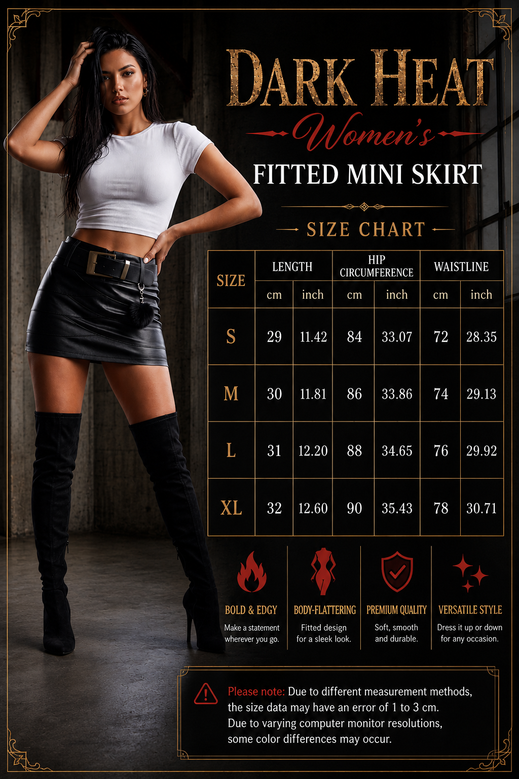 A size chart graphic for the Dark Heat Women's Fitted Mini Skirt, featuring a model wearing the black mini skirt and thigh-high boots on the left, with a size table from S to XL on the right.