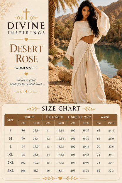 Woman in a white outfit standing by a desert oasis with 'Divine Inspirings Desert Rose' branding and size chart.