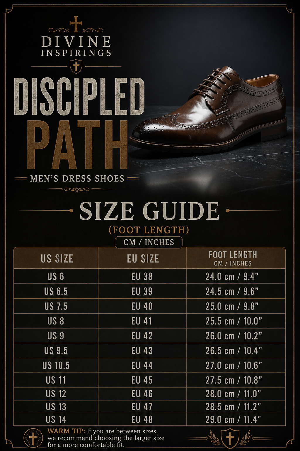 Men's dress shoes size guide with shoe and text on a dark background