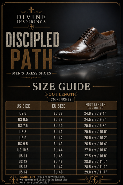 Men's dress shoes size guide with shoe and text on a dark background