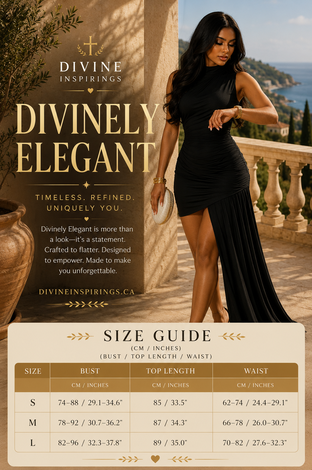 Woman in a black dress standing on a balcony with scenic view, Divine Inspirings advertisement.