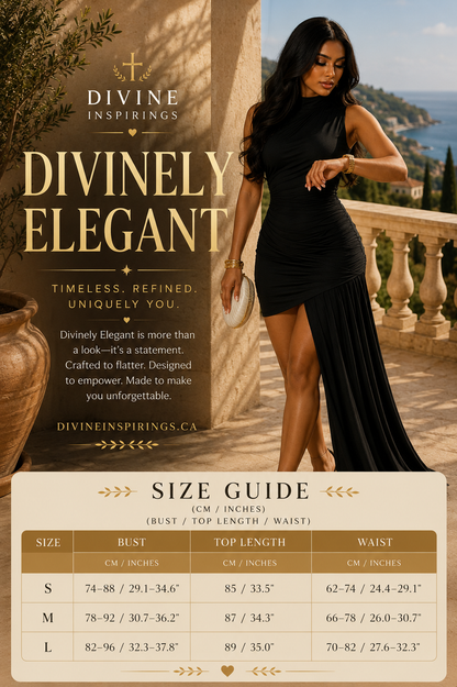 Woman in a black dress standing on a balcony with scenic view, Divine Inspirings advertisement.