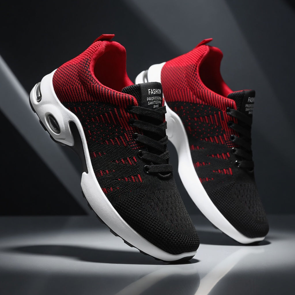 Black and red sneakers with white soles on a dark background
